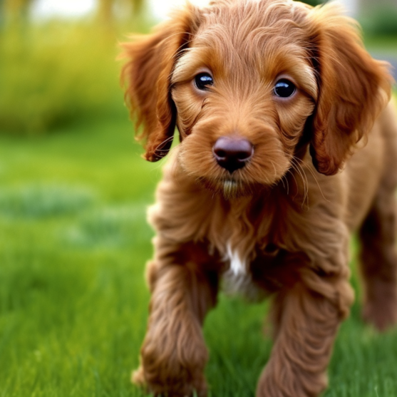 curious brown Mini Irish Doodle puppy